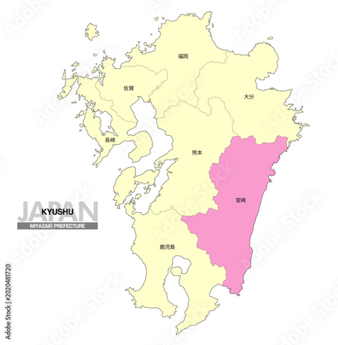 [日本地図] 九州の宮崎県の県名入り位置地図
