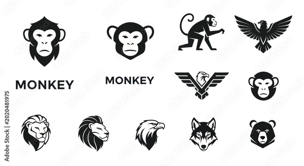 Фотография Animal Logo Set: Monkey, Eagle, Lion, Wolf, Bear Icons