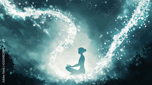 Digital illustration of a woman in yoga pose surrounded by glowing abstract patterns