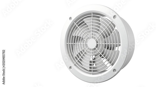 White circular industrial exhaust fan for ventilation and air circulation isolated on a white background.