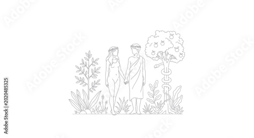 Foto Adam and Eve in Garden of Eden, creation story, biblical illustration, line art