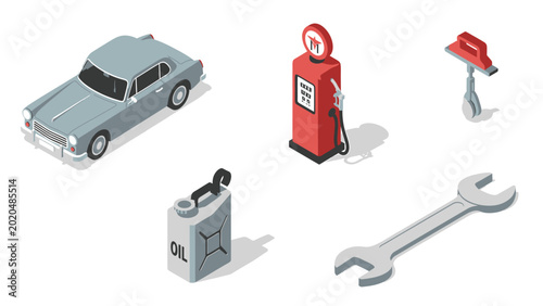 Isometric car service and repair tools with classic vehicle and gas pump on white background.