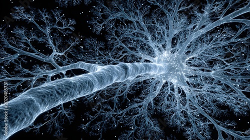 Detailed medical 3D look at a neuron cell with synapse firing. Human brain nervous system and neural network science.