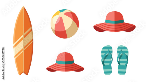 Summer beach vacation accessories set with surfboard, beach ball, hats, and flip-flops, perfect for travel and leisure activities.