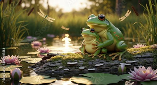 Two Frogs Embracing on a Lily Pad in a Pond.