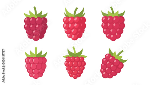 Set of six fresh raspberries with green leaves, isolated on a white background, presented in a flat design style.