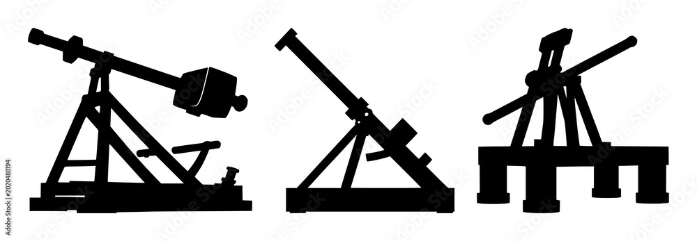 Εκτύπωση καμβά Medieval trebuchet siege engine set with solid black silhouette design featuring