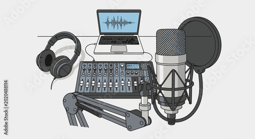 Illustration of professional home podcast recording studio equipment set.