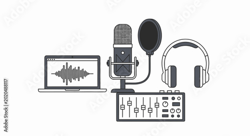 Professional podcast recording equipment setup with microphone and laptop.