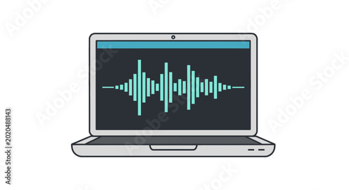 Laptop computer displaying an audio sound wave visualization on the screen.