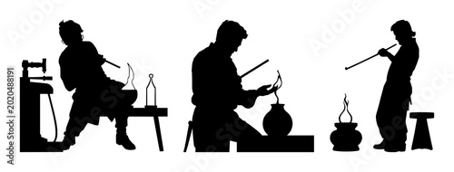 Tableau sur toile Glassblower set with solid black silhouette of artisan shaping molten glass with