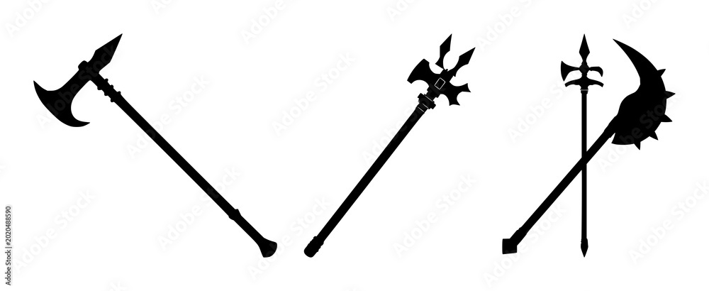 Foto Medieval mace set with solid black silhouette on white background featuring high