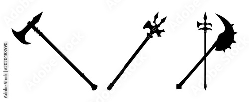 Tableau sur toile Medieval mace set with solid black silhouette on white background featuring high