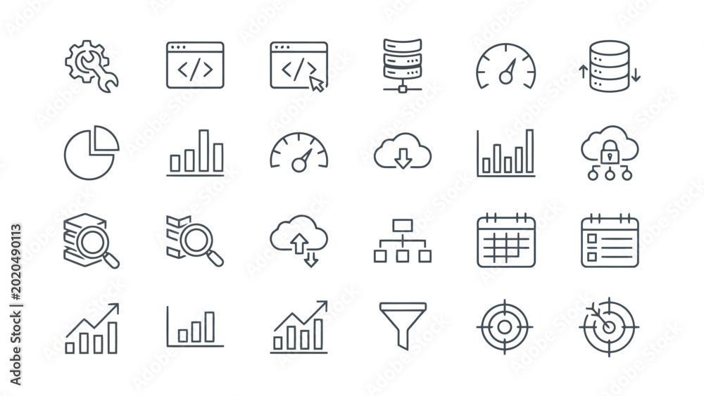 Fototapeta premium Advanced technology and data analytics line icon set featuring server infrastructure performance gauges and strategic planning tools for professional business dashboards