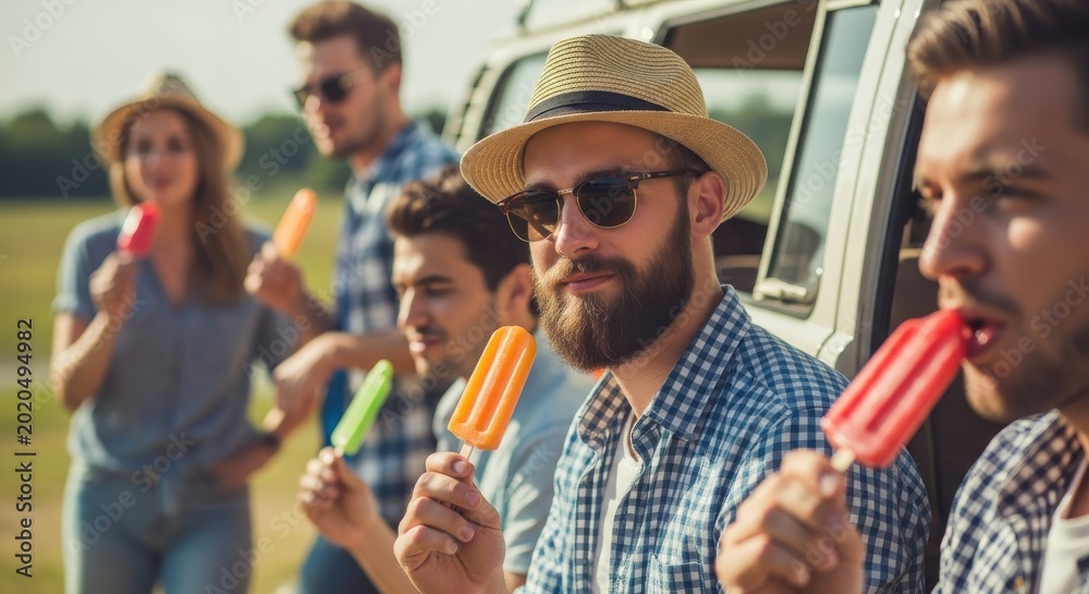 Fototapeta premium Group of Happy Young Friends Enjoying Colorful Popsicles Outdoors Duri