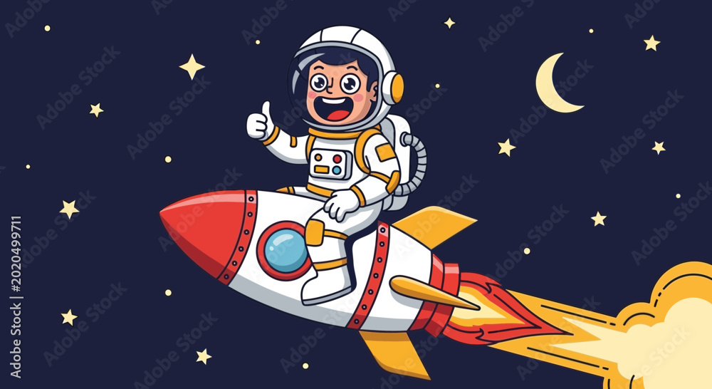 Fototapeta premium Astronaut in spacesuit rides rocket amidst stars and moon cartoon illustration