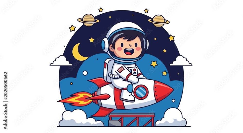 Naklejka premium Astronaut in spacesuit riding rocket through space among planets and stars
