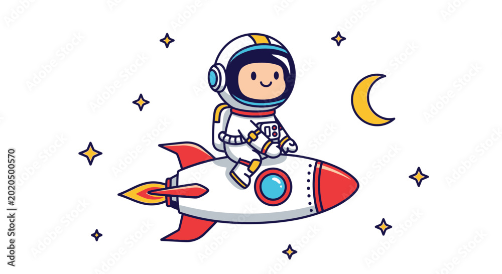 Naklejka premium Astronaut in spacesuit riding rocket through space surrounded by stars and moon