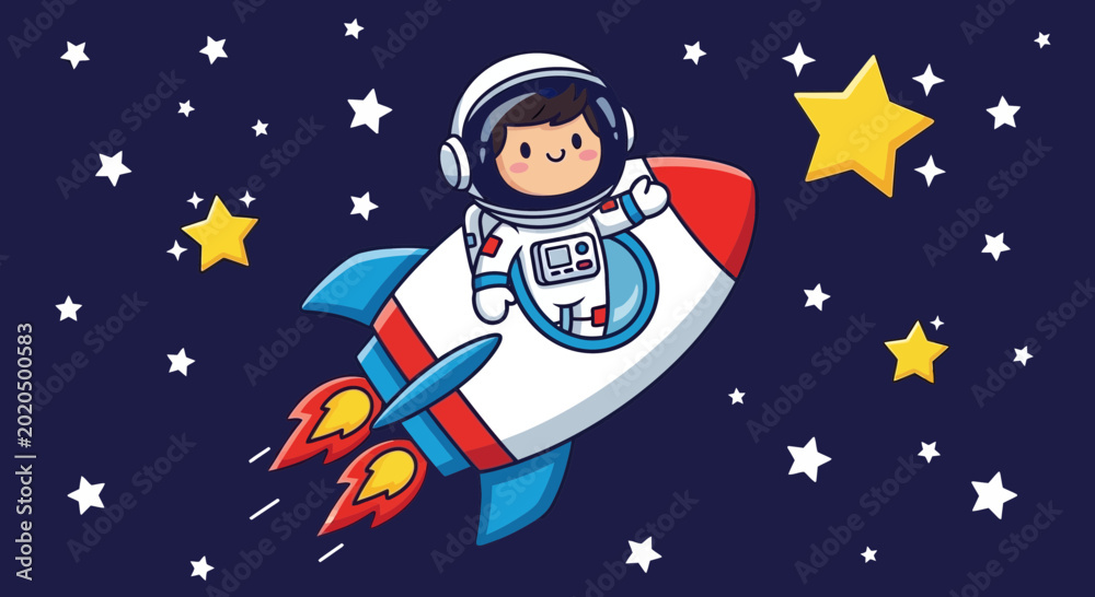 Fototapeta premium Astronaut in spacesuit riding rocket through starry night sky