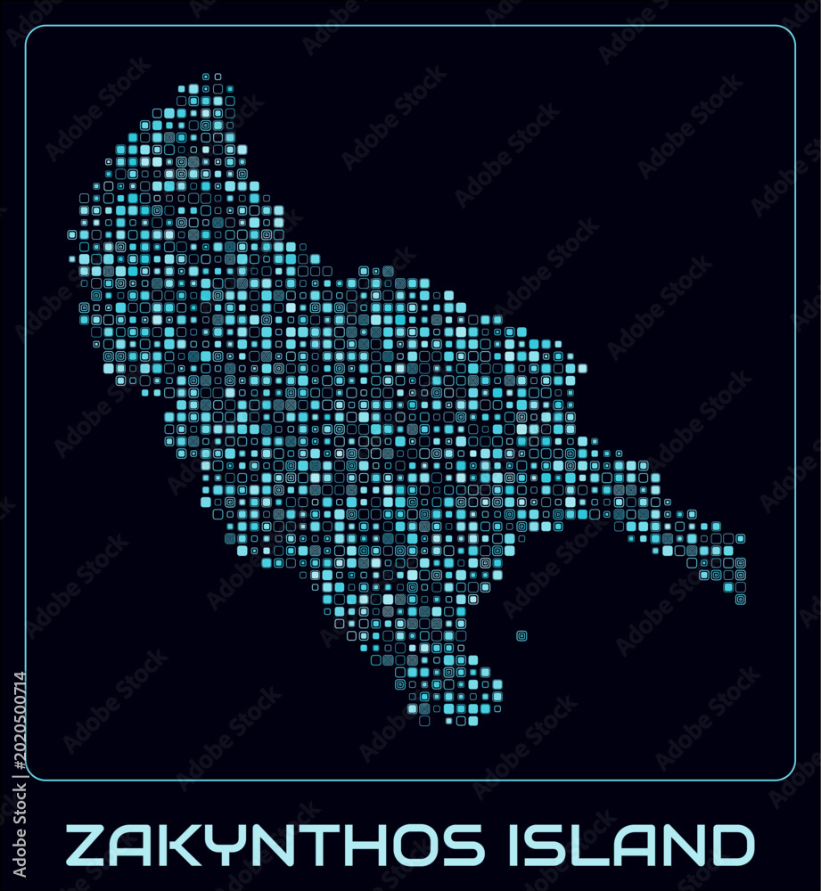 Obraz premium Zakynthos Island digital style map. Small roundedSquare dots on dark background. Dotted shape of the island. Vector map and title. Classy vector illustration.