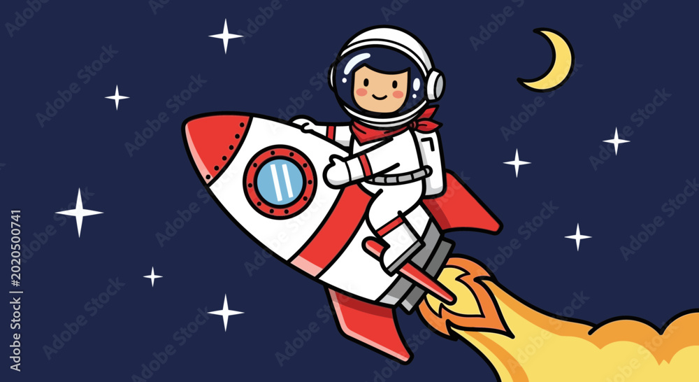 Fototapeta premium Astronaut in spacesuit soaring through starry night sky on rocket ship