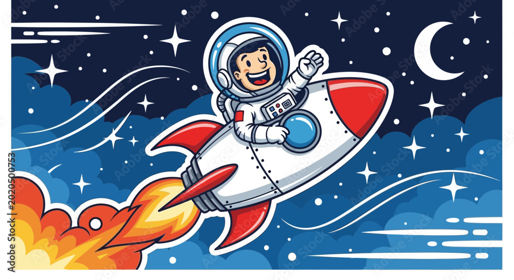 Fototapeta premium Astronaut in spacesuit soaring through starry sky on rocket ship vector