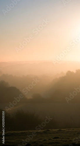 A vertical view of sunlit fog covering rolling hills, creating a soft, hazy atmosphere with the sun peeking through