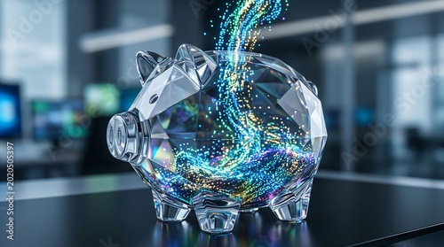 Crystal piggy bank, money flowing out, colorful particles, office background, finance concept, transparent pig