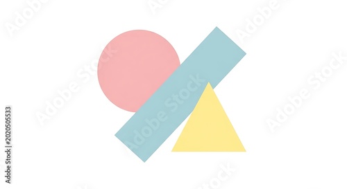 Abstract pastel composition featuring a pink circle, blue rectangle, and yellow triangle overlapping on a white background