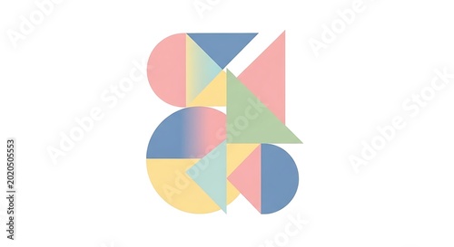 Abstract pastel composition featuring geometric shapes circles, triangles, and half-circles arranged on a white backdrop. Gradient hues are present