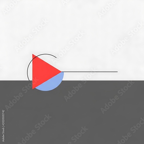 Abstract minimalist composition featuring geometric shapes in vibrant colors, split by a horizontal line against grayscale