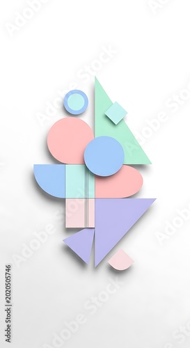 Abstract pastel composition featuring layered 3D geometric shapes with soft shadows on a white background, creating depth
