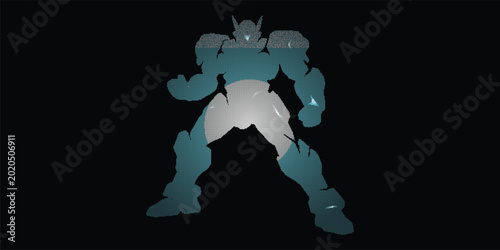 Industrial Robotics Web UI Asset with Giant Mecha Titan Silhouette in Teal Digital Grid and Cyber Glitch Style