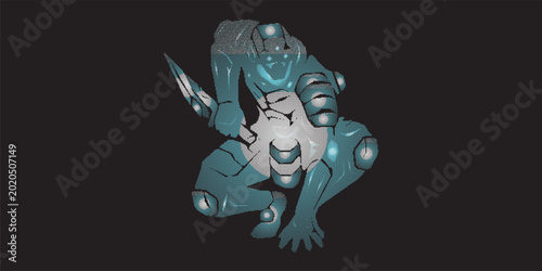 Robotic Assassin Game Character with Knife Asset in Teal Digital Grid and Cybernetic Tech Style