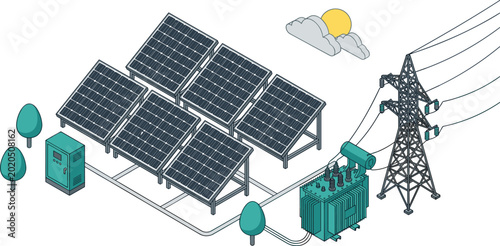 Quadro su tela Isometric Solar Power Plant Vector with Renewable Energy Panels Ground System, E
