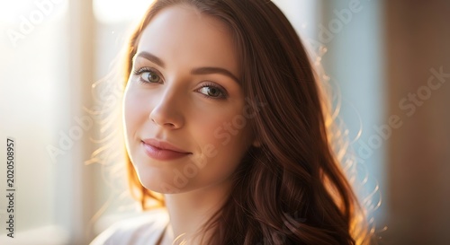 A woman with auburn hair and green eyes gazes at the camera with a gentle smile. Backlighting illuminates her face and hair