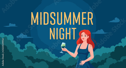 Bild auf Leinwand A woman with red hair in a blue dress holds a green drink under a starry night sky with clouds and trees, with the words MIDSUMMER NIGHT prominently displayed