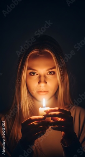 A woman with long blond hair illuminated by the warm glow of a candle flame, creating a dramatic, focused portrait against a dark background