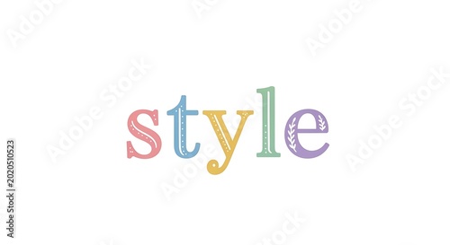 A word rendered in pastel colors, featuring an ornate font. The word is centered, against a white backdrop