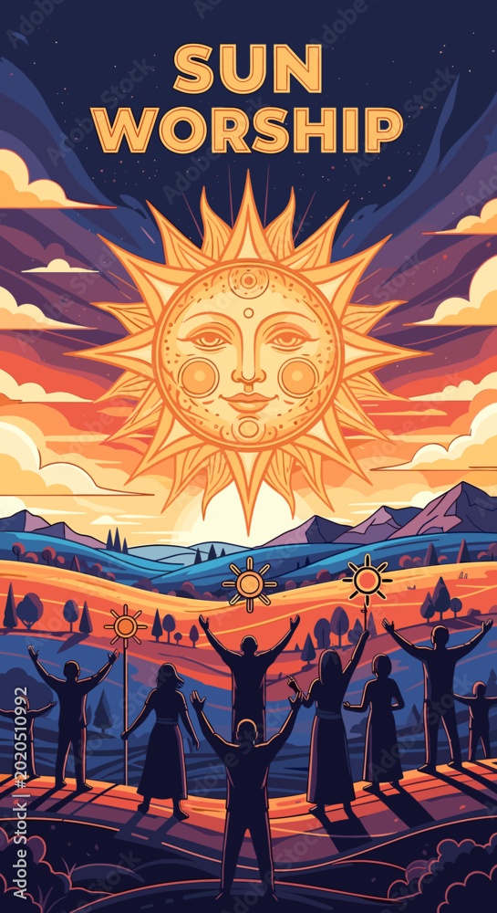 Εκτύπωση καμβά A vibrant illustration depicts a group of people worshipping a radiant sun during a breathtaking sunset, symbolizing spiritual connection and reverence for nature's power