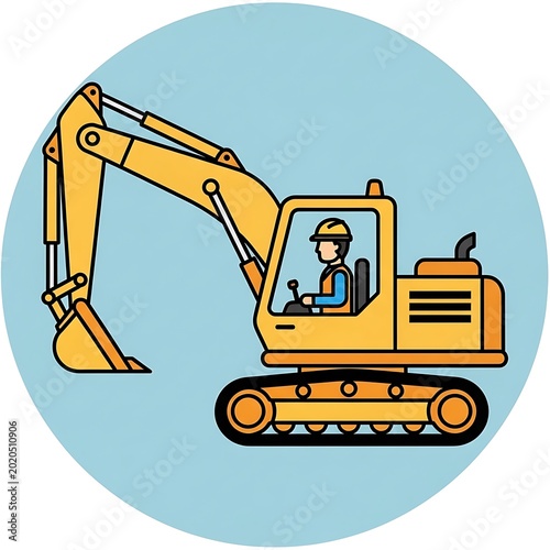 A yellow excavator with a person in the cabin. The machine is in a light blue circle