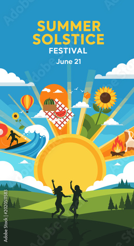 Vibrant Summer Solstice Festival poster celebrating the longest day of the year with sun, nature, and joyful activities.