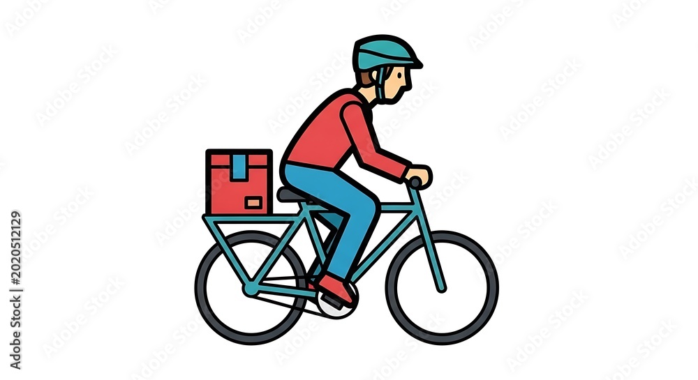 Naklejka premium An illustration depicts a person wearing a helmet and riding a bicycle, carrying a package on a rack. The figure is shown in side profile