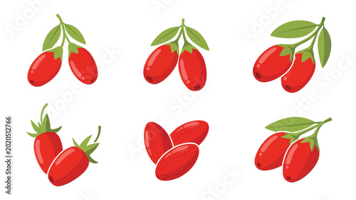 Collection of six illustrations of red goji berries on branches with green leaves.