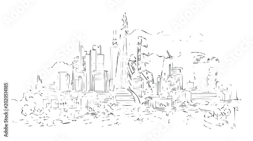 Urban Skyline Sketch: Modern Cityscape Drawing, Architectural Outline
