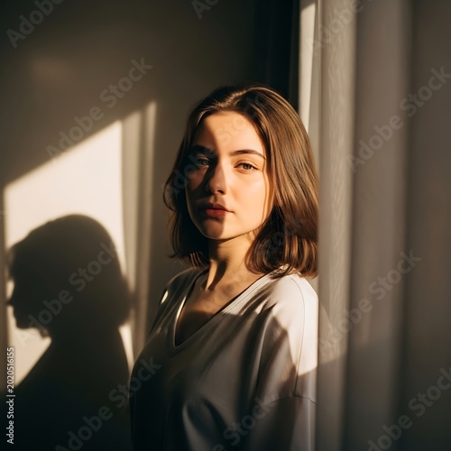 A young woman, illuminated by warm sunlight filtering through a sheer curtain, gazes directly at the viewer. Soft shadows