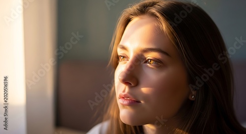 A young woman is illuminated by sunlight streaming through a window, highlighting her features and gaze. Her expression is thoughtful