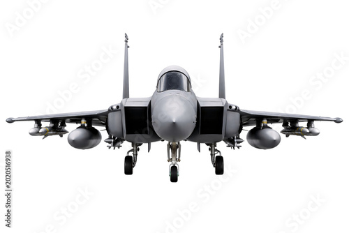 Картината върху платно Front view of a gray military fighter jet with external fuel tanks png isolated
