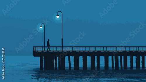 Silhouette of a person walking on a pier at night with lamps