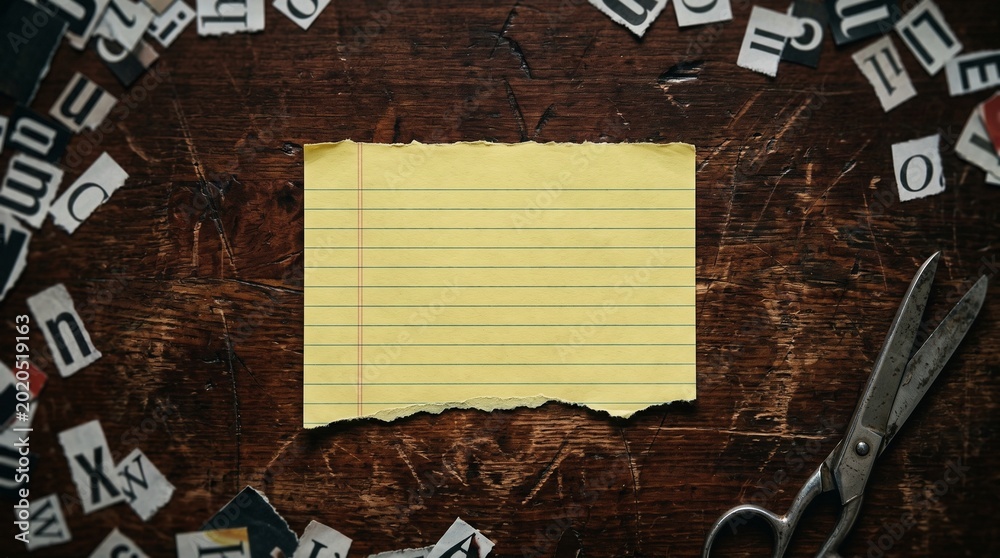 Φωτογραφία Blank Yellow Torn Note With Newspaper Letters And Scissors